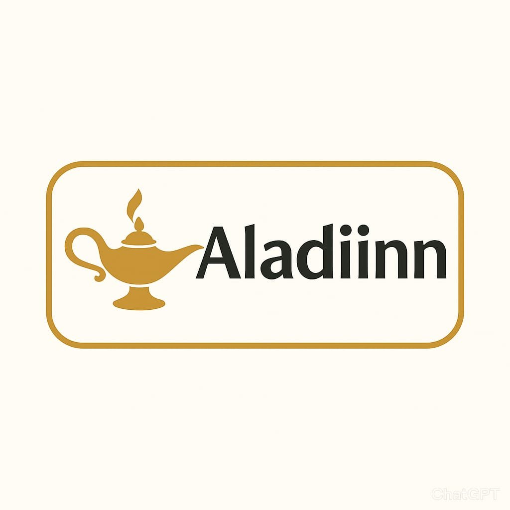 Aladiinn logo showing a flat golden Aladdin’s lamp and bold wordmark in a rounded rectangle, suggesting magical, hassle-free service.